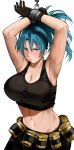  1girl armpits arms_up bakkanki bare_shoulders black_gloves black_tank_top blue_eyes blue_hair breasts earrings gas_can gloves highres jewelry large_breasts leona_heidern midriff military navel ponytail soldier solo tank_top the_king_of_fighters the_king_of_fighters_xiii 