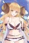  1girl ahoge anila_(granblue_fantasy) bangs bikini blonde_hair blunt_bangs blush breasts clouds collarbone crescent draph eyebrows_visible_through_hair granblue_fantasy highres horns large_breasts long_hair looking_at_viewer navel night night_sky open_mouth ro_esfera sheep_horns sky smile solo star_(sky) starry_sky swimsuit teeth thick_eyebrows upper_teeth white_bikini yellow_eyes 