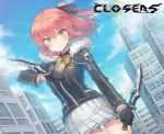  1girl blue_eyes blush bow bowtie breasts building closers clouds copyright_name dagger day g.t hair_between_eyes holding holding_dagger holding_weapon jacket long_sleeves looking_at_viewer medium_breasts outdoors pink_hair seulbi_lee skirt sky solo weapon 