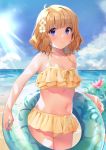  1girl ahoge bangs bare_arms bare_shoulders beach bikini bikini_skirt blue_eyes blurry blurry_background blush breasts brown_hair clouds collarbone commentary_request cowboy_shot day eyebrows_visible_through_hair flower frills hair_flower hair_ornament highres idolmaster idolmaster_million_live! idolmaster_million_live!_theater_days innertube koukoku looking_at_viewer midriff navel ocean open_mouth outdoors red_flower short_hair sky small_breasts smile solo suou_momoko swimsuit water 