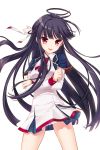  1girl black_hair breasts crossed_arms dress hair_ribbon highres long_hair looking_at_viewer medium_breasts official_art open_mouth red_eyes red_neckwear resized ribbon shirahane_nao soccer_spirits spread_legs upscaled ustiel_(soccer_spirits) white_dress white_ribbon 