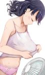  1girl bangs bare_arms bare_shoulders black_hair bow bow_panties closed_eyes collarbone commentary_request dutch_angle electric_fan from_side fukumaru_koito highres hiroki_(yyqw7151) idolmaster idolmaster_shiny_colors navel panties pink_panties solo spaghetti_strap sweat swept_bangs tank_top twintails underwear white_background 
