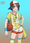  1girl artist_name basketball black_hair blue_eyes blush carlo_montie eyebrows_visible_through_hair grin hand_on_hip hololive looking_at_viewer multicolored multicolored_clothes multicolored_legwear oozora_subaru parted_lips short_hair shorts smile solo striped striped_legwear teeth thigh-highs virtual_youtuber whistle whistle_around_neck 