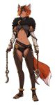  1girl animal_ears bandaged_arm bandages barefoot belt black_belt black_nails breasts brown_hair brown_pants capelet chain commentary crotchless crotchless_pants d-rex dark_skin fox_ears fox_tail full_body fur fur_capelet grin hair_over_one_eye highres holding holding_weapon looking_at_viewer medium_breasts midriff navel original pants red_eyes short_hair smile solo standing stomach tail toeless_legwear toenail_polish transparent_background weapon weapon_request 