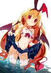  1girl absurdres blonde_hair bow breasts demon_wings disgaea flonne flonne_(fallen_angel) hairband highres lifted_by_self long_hair makai_senki_disgaea miyakawa106 pointy_ears red_bow red_eyes red_hairband skirt skirt_lift small_breasts solo swimsuit wet wings 