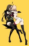  2girls alternate_costume back black_hair black_legwear blonde_hair bra brown_eyes girls_frontline highres kinbakuman kiss long_hair m4_sopmod_ii_(girls_frontline) m4a1_(girls_frontline) mechanical_arm multiple_girls no_shoes panties shorts simple_background sitting spread_legs surprise_kiss surprised thigh-highs underwear yuri 