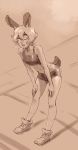  1girl animal_ears bangs bare_arms bare_legs bare_shoulders blush breasts brit_(d-rex) bunny_tail closed_eyes collarbone commentary d-rex full_body hair_between_eyes highres leaning_forward looking_at_viewer midriff monochrome navel one_eye_closed open_mouth original rabbit_ears sepia shoes short_hair short_shorts shorts smile socks solo sports_bra standing sweat tail 