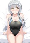  1girl braid breasts collarbone commentary_request competition_swimsuit cowboy_shot crown_braid grey_swimsuit highres kashiwagi_saki kibihimi large_breasts long_hair looking_at_viewer one-piece_swimsuit ongeki sidelocks silver_hair sitting smile solo swimsuit thigh_gap yellow_eyes 