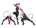  &gt;_&lt; 3girls animal_ears belt belt_buckle breasts buckle cerberus_(helltaker) commentary_request demon_girl demon_tail dog_ears dog_girl formal full_body gintm gloves helltaker highres large_breasts long_hair long_sleeves multiple_girls open_mouth pants red_eyes shoes simple_background standing suit tail teeth tongue white_background 