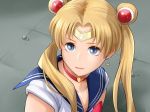  1girl bangs bishoujo_senshi_sailor_moon blonde_hair blue_eyes blue_sailor_collar blurry blurry_background choker choten closed_mouth collarbone commentary commentary_request crescent crescent_earrings depth_of_field derivative_work diadem earrings hair_ornament hair_over_shoulder heart heart_choker jewelry long_hair looking_at_viewer meme red_choker sailor_collar sailor_moon sailor_moon_redraw_challenge sailor_senshi_uniform screencap_redraw short_sleeves signature solo sweatdrop tsukino_usagi twintails upper_body zono_(inokura_syuzo029) 
