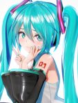 1girl 3d bbbbit blue_eyes blue_hair blue_nails close-up hair_between_eyes hand_on_own_cheek hatsune_miku highres light_smile number solo twintails v vocaloid white_background 