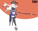  1girl black_legwear blue_hakama bow_(weapon) brown_eyes brown_gloves brown_hair character_name closed_mouth eyebrows_visible_through_hair full_body gloves hair_between_eyes hakama hakama_skirt holding holding_bow_(weapon) holding_weapon japanese_clothes kaga_(kantai_collection) kantai_collection light_smile long_hair muneate partly_fingerless_gloves remodel_(kantai_collection) sheath sheathed side_ponytail solo souji tabi tasuki thigh-highs weapon white_legwear yugake yumi_(bow) 