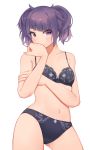  1girl absurdres akinoji_(akiponpon27) bangs blush bra diagonal_bangs hand_on_own_face highres idolmaster idolmaster_shiny_colors lingerie looking_at_viewer navel panties purple_hair short_twintails simple_background solo tanaka_mamimi twintails underwear underwear_only violet_eyes 