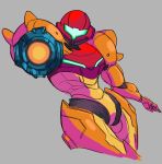  1girl aiming aiming_at_viewer arm_cannon chef033 grey_background leaning_back looking_at_viewer metroid power_armor samus_aran solo visor weapon 