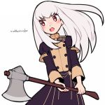  1girl artist_name axe do_m_kaeru fire_emblem fire_emblem:_three_houses garreg_mach_monastery_uniform holding holding_axe long_hair long_sleeves lysithea_von_ordelia open_mouth pink_eyes simple_background solo uniform upper_body white_background white_hair 