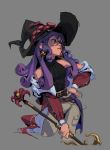  1girl breasts devoidd english_commentary glasses hand_on_hip hat holding holding_staff looking_to_the_side medium_breasts original purple_hair ribbed_sweater round_eyewear solo staff sweater violet_eyes witch witch_hat 