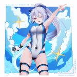 1girl aoi_suzu arm_up artist_name bangs blue_bow blue_sky blue_swimsuit blush bow breasts dated fate/grand_order fate_(series) hair_between_eyes hair_bow highleg highleg_swimsuit highres large_breasts long_hair looking_at_viewer one-piece_swimsuit one_eye_closed open_mouth ponytail red_eyes silver_hair sky smile sparkle swimsuit thigh_strap thighs tomoe_gozen_(fate/grand_order) tomoe_gozen_(swimsuit_saber)_(fate) two-tone_swimsuit v white_swimsuit wristband 