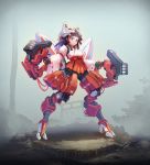  1girl animal_ears bell black_hair breasts dual_wielding fox_ears green_eyes gun highres holding holding_gun holding_weapon ichiyon japanese_clothes looking_at_viewer mecha_musume mechanical_ears mechanical_legs medium_breasts miko original solo weapon 