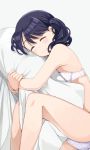  1girl bare_arms bare_shoulders bed_sheet black_hair bra closed_eyes fangs fukumaru_koito highres hiroki_(yyqw7151) hug idolmaster idolmaster_shiny_colors panties pillow pillow_hug polka_dot polka_dot_bra polka_dot_panties skin_fangs solo twintails underwear underwear_only white_background 