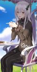  1girl :d absurdres bangs black_capelet black_dress blue_sky blurry blurry_background blush book capelet clouds cup day dress echidna_(re:zero) hair_between_eyes hair_ornament highres holding holding_cup huge_filesize jun_(aousa0328) long_dress long_hair long_sleeves looking_at_viewer open_mouth outdoors re:zero_kara_hajimeru_isekai_seikatsu red_eyes shiny shiny_hair silver_hair sitting sky smile solo straight_hair striped vertical-striped_dress vertical_stripes very_long_hair 