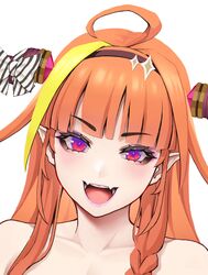  1girl ahoge bangs bare_shoulders close-up collarbone dragon_girl dragon_horns eyebrows_visible_through_hair fangs highres hololive horns kiryuu_coco open_mouth orange_hair pointy_ears solo terumin_(yuganda_sebone) v-shaped_eyebrows violet_eyes 