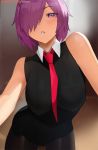 1girl bangs bare_shoulders black_dress black_legwear blush breasts dress fate/grand_order fate_(series) hair_over_one_eye highres kisou large_breasts leaning_forward looking_at_viewer mash_kyrielight necktie pantyhose parted_lips purple_hair red_neckwear short_hair sleeveless sleeveless_dress violet_eyes 