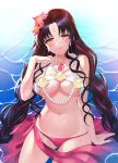  1girl arm_support ass_visible_through_thighs bangs bare_shoulders bikini black_hair blush braid breasts chest_tattoo collarbone commentary_request cowboy_shot eyebrows_behind_hair facial_mark fate/grand_order fate_(series) flower forehead_mark groin hair_flower hair_ornament hand_up highres jewelry large_breasts light_smile long_hair looking_at_viewer midriff mismatched_bikini multicolored_hair navel necklace parted_bangs pearl_necklace peter_(will100sss) pink_bikini pink_hair pink_nails pink_sarong sarong seashell seashell_necklace sesshouin_kiara sesshouin_kiara_(swimsuit_mooncancer)_(fate) shell sidelocks sitting solo streaked_hair swimsuit tattoo twin_braids under_boob very_long_hair water wavy_hair white_bikini yellow_eyes 