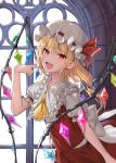  1girl back_bow bangs blonde_hair bow commentary crystal fang flandre_scarlet hand_up hat hat_ribbon highres jaeyun light_blush long_hair looking_at_viewer mob_cap open_mouth pointing pointing_at_self pointy_ears red_eyes red_ribbon red_skirt red_vest ribbon shirt short_sleeves side_ponytail skirt smile solo touhou upper_body vest white_bow white_headwear white_shirt window wings 