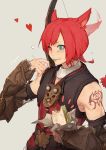  1boy animal_ears arm_tattoo armor belt blue_eyes blush bow_(weapon) closed_fan crow0cc crystal_exarch ear_wiggle eating eyebrows_visible_through_hair eyes_visible_through_hair fan final_fantasy final_fantasy_xiv flying_sweatdrops folding_fan food food_on_face g&#039;raha_tia grey_background heart heterochromia highres holding holding_food male_focus miqo&#039;te neck_tattoo ponytail red_eyes redhead sandwich simple_background smile solo sweatdrop tattoo vambraces weapon weapon_on_back 