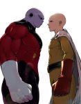  2boys bald belt black_eyes cape confrontation crossover dragon_ball dragon_ball_super english_commentary glint gloves jiren male_focus multiple_boys muscle one-punch_man red_gloves saitama_(one-punch_man) shadow simple_background standing stealthmaria uniform white_background white_cape white_gloves 