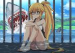  1girl absurdres bare_shoulders barefoot blonde_hair blue_eyes breasts cage collarbone commentary_request eyebrows_visible_through_hair fate/grand_order fate_(series) glasses hair_between_eyes highres jeanne_d&#039;arc_(fate)_(all) jeanne_d&#039;arc_(swimsuit_archer) kono_subarashii_sekai_ni_shukufuku_wo! large_breasts one-piece_swimsuit partially_submerged ponytail shark sideboob sitting sleeveless solo swimsuit water xiafuizui 