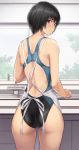 1girl amagami apron ass black_eyes black_hair black_swimsuit bob_cut commentary_request competition_swimsuit cowboy_shot faucet from_behind looking_at_viewer looking_back nanasaki_ai nozomi-y one-piece_swimsuit short_hair solo swimsuit white_apron window