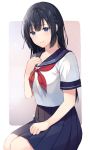  1girl black_hair blue_eyes blue_skirt braid hand_on_own_chest light_blush long_hair looking_at_viewer neckerchief noda_shuha original red_neckwear sailor_collar school_uniform serafuku shirt short_sleeves skirt smile solo white_shirt 