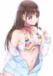 1girl :p absurdres bangs bikini bikini_top blue_choker breasts brown_hair candy choker commentary_request food highres holding holding_candy holding_food holding_lollipop idolmaster idolmaster_shiny_colors lollipop long_hair looking_away medium_breasts multicolored multicolored_bikini multicolored_clothes nail_polish navel red_eyes simple_background solo sonoda_chiyoko swimsuit tongue tongue_out tutinako white_background 