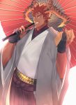  1boy alternate_costume dark_skin dark_skinned_male gloves highres horns ifrit_(tokyo_houkago_summoners) japanese_clothes kihane_atsusane kimono male_focus muscle nail_polish partly_fingerless_gloves pointy_ears redhead short_hair spiky_hair tokyo_houkago_summoners under_umbrella upper_body yellow_eyes 