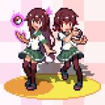  2girls brown_eyes brown_hair brown_legwear checkered checkered_background commentary_request green_sailor_collar green_skirt holding holding_poke_ball kantai_collection kisaragi_(kantai_collection) long_hair lowres makkusu_(max_101010) multiple_girls mutsuki_(kantai_collection) pantyhose parody pixel_art poke_ball poke_ball_(basic) pokemon sailor_collar school_uniform serafuku short_hair skirt thigh-highs 