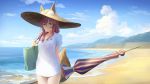  1girl animal_ear_fluff animal_ears bag bangs beach beach_umbrella blue_sky breasts closed_mouth ears_through_headwear fate/grand_order fate_(series) fox_ears fox_girl fox_tail gachapinmuck2 hat large_breasts long_hair looking_at_viewer ocean pink_hair shirt shore short_sleeves shoulder_bag sky smile sun_hat t-shirt tail tamamo_(fate)_(all) tamamo_no_mae_(swimsuit_lancer)_(fate) thighs umbrella white_shirt yellow_eyes 