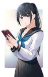  1girl black_hair black_skirt blue_eyes blue_neckwear book closed_mouth highres holding holding_book light_blush long_hair long_sleeves looking_at_viewer neckerchief noda_shuha original ponytail sailor_collar school_uniform serafuku shirt skirt solo white_shirt 