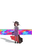  1girl absurdres bangs bow brown_hair cloak fedora glasses hat highres looking_at_viewer low_twintails neruzou plaid plaid_skirt plaid_vest purple_skirt purple_vest red-framed_eyewear school_uniform shoes short_hair skirt solo standing thigh-highs touhou twintails usami_sumireko vest white_legwear 