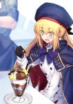  1girl artoria_pendragon_(all) artoria_pendragon_(caster) blonde_hair blush breasts commentary_request eyebrows_visible_through_hair eyes_visible_through_hair fate/grand_order fate_(series) food gloves green_eyes hair_between_eyes hat highres ice_cream long_hair long_sleeves ninoude_(ninoude44) open_mouth sitting small_breasts solo spoon star-shaped_pupils star_(symbol) symbol-shaped_pupils table 
