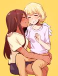  2girls ^_^ angel_wings blonde_hair breakfastb brown_hair character_request closed_eyes dark_skin demon_horns hand_on_another&#039;s_shoulder horns long_hair multiple_girls short_hair sitting sitting_on_lap sitting_on_person smile wings yellow_background yuri 