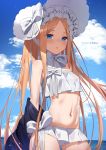 1girl abigail_williams_(fate/grand_order) abigail_williams_(swimsuit_foreigner)_(fate) bangs bare_shoulders bikini black_jacket blonde_hair blue_eyes blue_sky blush bonnet bow breasts fate/grand_order fate_(series) forehead hair_bow highres jacket jacket_removed long_hair looking_at_viewer miniskirt navel ocean open_mouth parted_bangs raijuu_(bakanara) sidelocks skirt sky small_breasts swimsuit twintails very_long_hair white_bikini white_bow white_headwear 