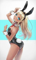  1girl animal_ears ass bangs bare_shoulders black_hairband black_leotard blonde_hair blue_eyes bunny_tail dark_skin detached_collar eyebrows_visible_through_hair facing_away fake_animal_ears flat_chest hairband highres idolmaster idolmaster_cinderella_girls layla_(idolmaster) leotard long_hair looking_at_viewer minazukio9 necktie open_mouth parted_bangs rabbit_ears red_neckwear short_necktie solo straight_hair strapless strapless_leotard tail wrist_cuffs 