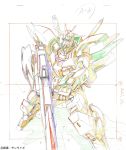  color_trace earthree_gundam gun gundam gundam_build_divers gundam_build_divers_re:rise highres holding holding_gun holding_weapon looking_up mecha no_humans official_art production_art red_eyes solo traditional_media v-fin weapon white_background 
