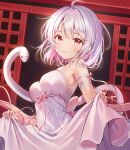  1girl auro_drm bangs bare_shoulders blush breasts closed_mouth clothes_lift dress dress_lift large_breasts looking_at_viewer medium_hair original red_eyes sleeveless smile snake white_dress white_hair 