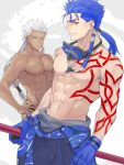  2boys abs alternate_costume alternate_hairstyle archer blue_hair chest cu_chulainn_(fate)_(all) dark_skin dark_skinned_male diving_mask earrings emya fate/grand_order fate/stay_night fate_(series) grey_eyes jewelry lancer long_hair male_focus multiple_boys muscle navel pectorals ponytail red_eyes shirtless tattoo white_hair 