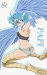  1girl absurdres arm_up armpits artist_logo artist_name bangs bare_shoulders blue_hair bluethebone character_name commentary english_commentary eyebrows_visible_through_hair grey_shorts hair_between_eyes harpy highres kneeling looking_at_viewer micro_shorts midriff monster_girl monster_musume_no_iru_nichijou open_mouth papi_(monster_musume) shorts solo strapless tubetop winged_arms wings yellow_eyes 