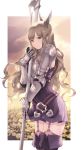  1girl armor armored_dress bangs belt boots breastplate breasts cait closed_mouth dress elbow_gloves fire_emblem fire_emblem_awakening garter_straps gauntlets gloves grey_eyes grey_hair highres large_breasts long_hair looking_at_viewer pauldrons polearm purple_dress shoulder_armor sidelocks smile spear sumia thigh-highs thigh_boots thighs wavy_hair weapon wing_hair_ornament 
