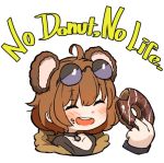  1girl :d ahoge amonitto animal_ears bear_ears black_choker blush brown_hair choker closed_eyes commentary_request doughnut english_text eyewear_on_head food food_in_mouth girls_frontline grizzly_mkv_(girls_frontline) holding holding_food open_mouth short_hair simple_background smile solo sunglasses white_background younger 