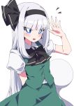 1girl alternate_hair_length alternate_hairstyle bangs black_hairband black_neckwear blunt_bangs bow bowtie commentary_request eyebrows_visible_through_hair green_skirt hairband hand_up highres konpaku_youmu konpaku_youmu_(ghost) long_hair looking_at_viewer open_mouth puffy_short_sleeves puffy_sleeves short_sleeves simple_background skirt smile solo touhou tsukimirin white_background 